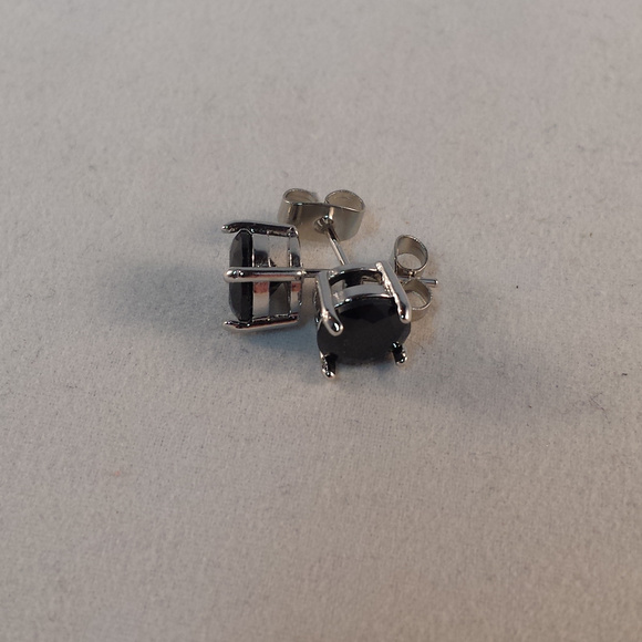 18K White Gold Filled Black Onyx Diamond Zircon Stud Earrings 7mm 1.28ctw each - Picture 2 of 3